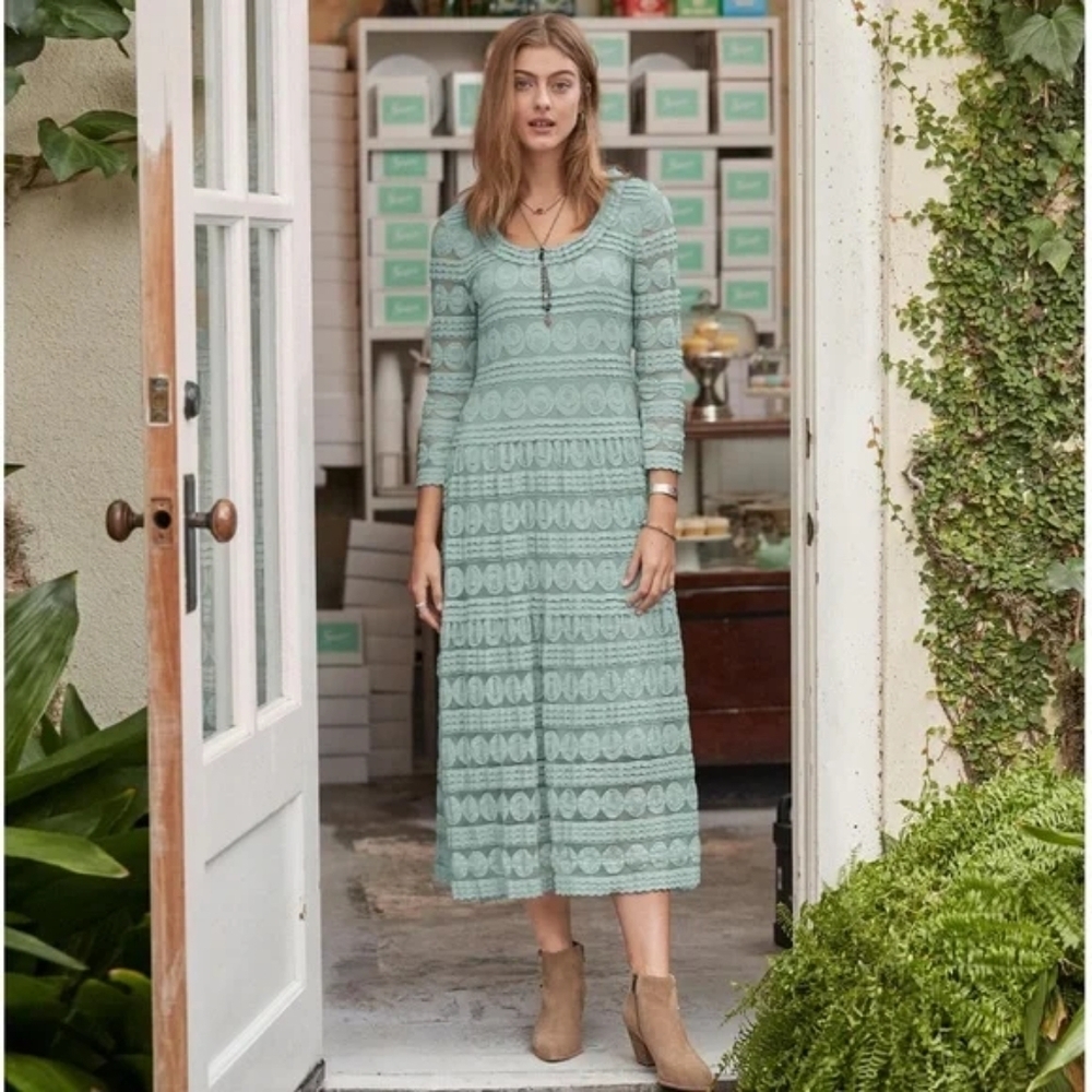 Sundance Willow lace midi dress pastel aqua green long sleeves size large